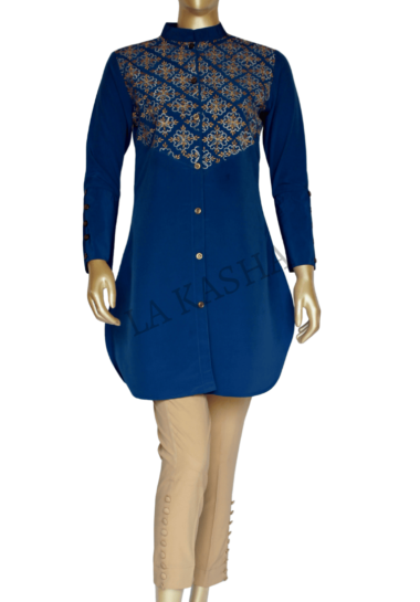 Kashibo button down tunic and crepe pant set with floral embroidery