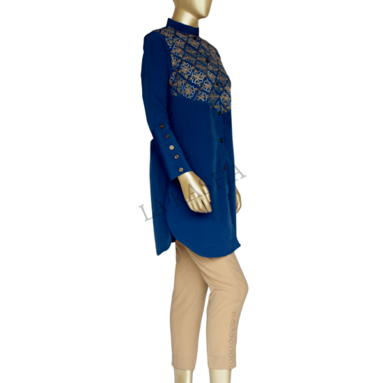 Kashibo button down tunic and crepe pant set with floral embroidery