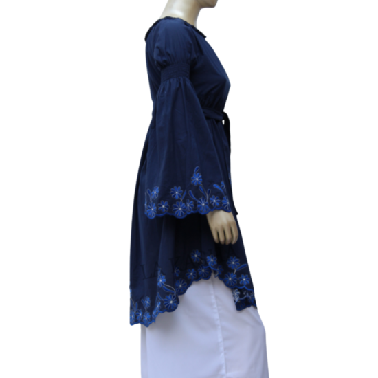 Cotton poplin Tunic with embroidered scallop bottom and waist belt