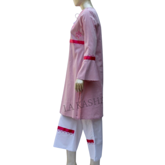 Tunic/ kurti in cotton chambray with embroidery with satin tape highlight