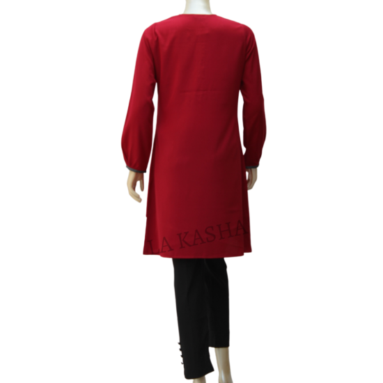 Tunic/ Kurti in Poly Crepe with a contrast round neck and cross bottom detail