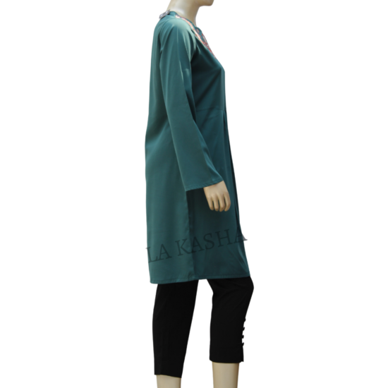 Tunic/ Kurti in Poly Crepe with neck emboroidery highlight and front waist gathers