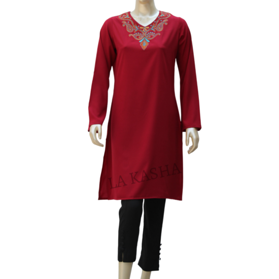 Tunic/ Kurti in Poly Crepe with embroidered neck highlight and A-line fit