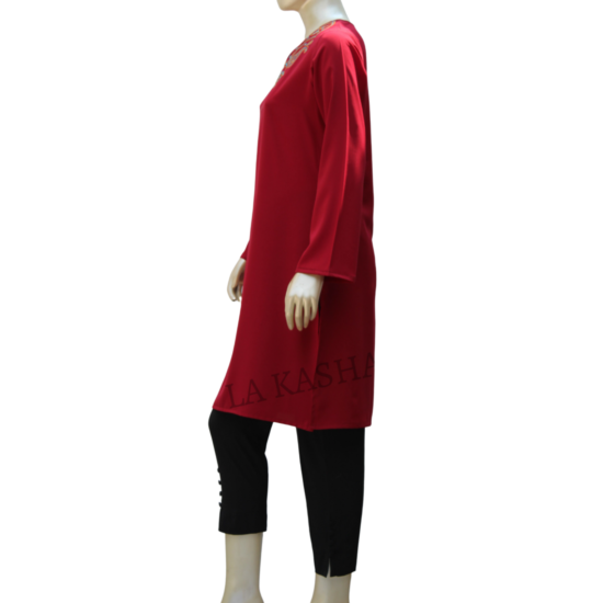 Tunic/ Kurti in Poly Crepe with embroidered neck highlight and A-line fit
