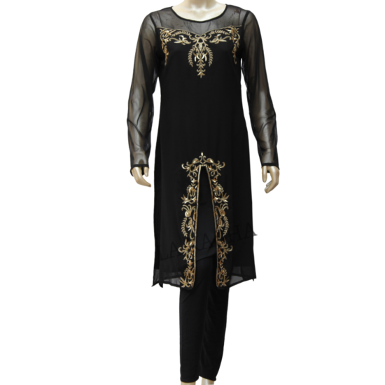 Kurti/ tunic in Poly georgette and crepe pant set with gold zari rich handworked