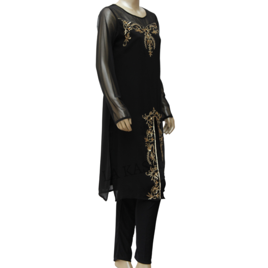 Kurti/ tunic in Poly georgette and crepe pant set with gold zari rich handworked