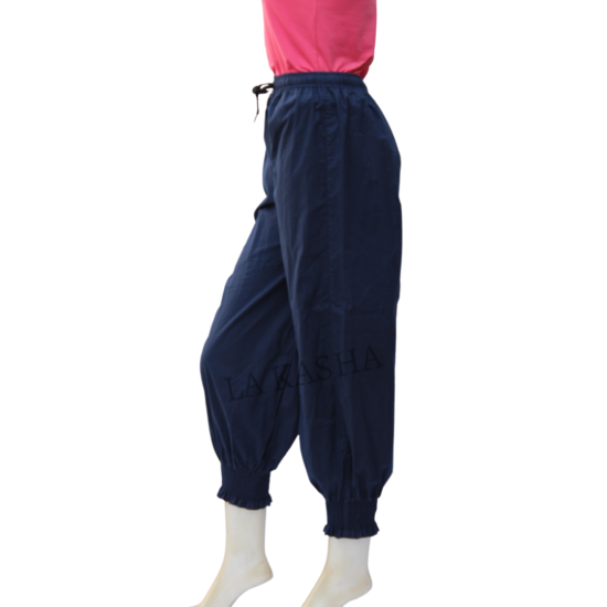 Cotton poplin scrunched bottom pant with drawstring all round elastic waist and side pockets