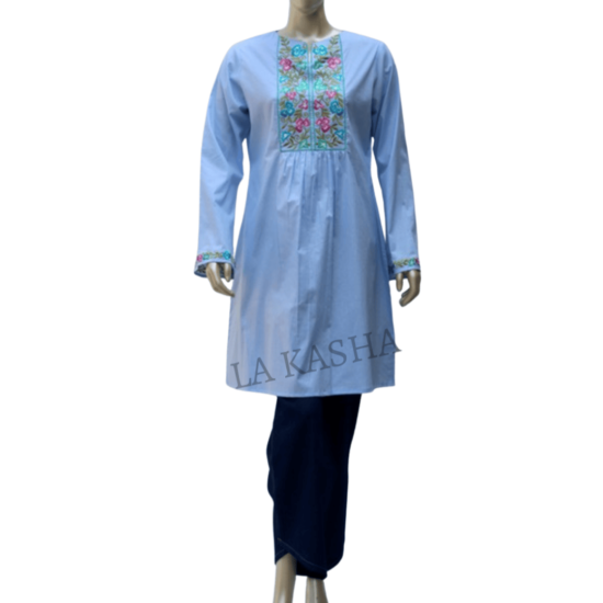 Tunic/ kurti in cotton chambray with embroidery