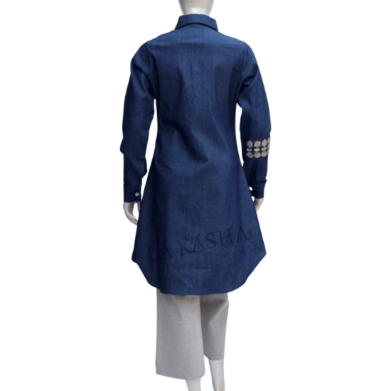 Denim tunic shirt with traditional floral embroideries