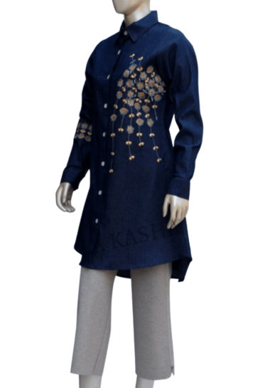 Denim tunic shirt with traditional floral embroideries