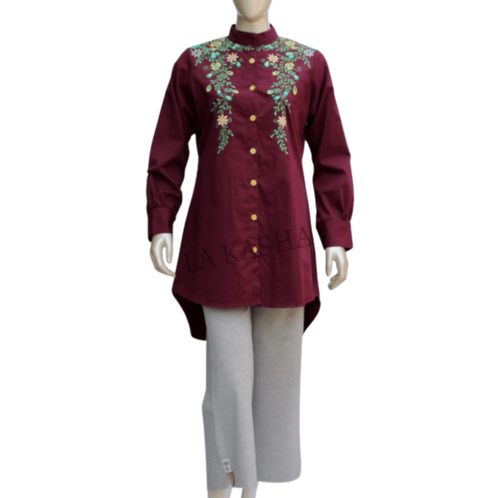 Twill tunic shirt with traditional floral embroidery