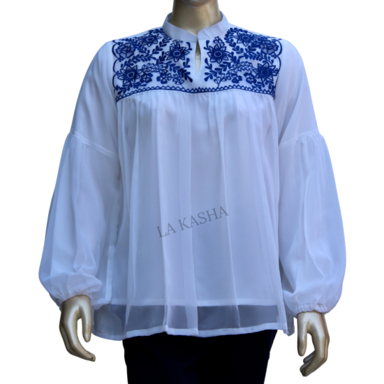 Top in georgette with rich embroidery and fluffed sleeves for women
