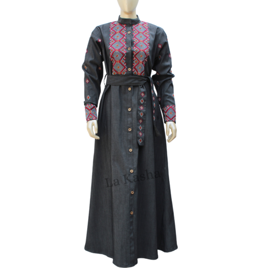 Abaya long jacket for woman in denim with embroidery front open and side pockets