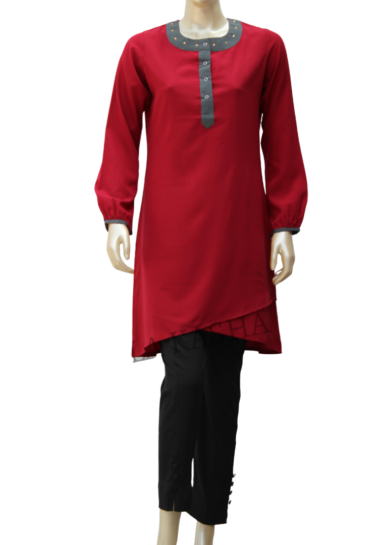 Tunic/ Kurti in Poly Crepe with a contrast round neck and cross bottom detail