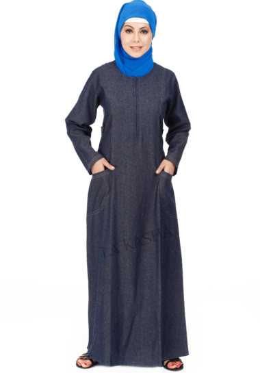 Abaya in Denim, zipper front & patch pocket.