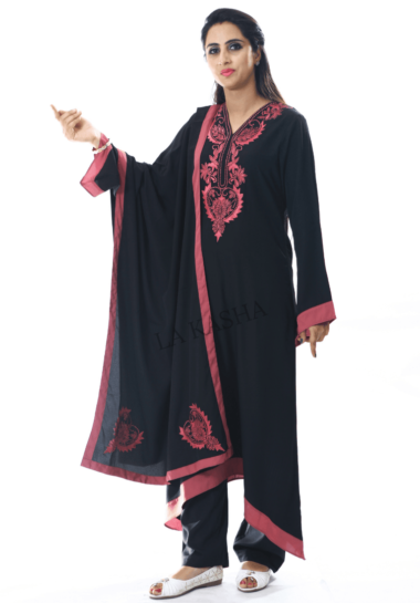 Front Embroidered Kurti Chunni and Pant Set in Poly Crepe