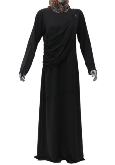 Abaya with front gathers and a broach hinge highlight in georgette