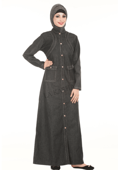Abaya jacket in stretchable denim band collar with gold buttons, double stitch and flap pockets detail