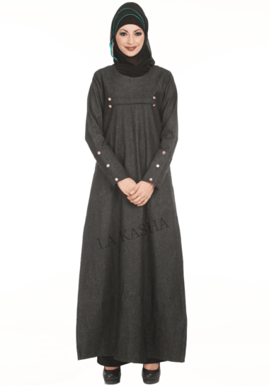 Abaya in stretchable denim with gold buttons on chest details and pockets