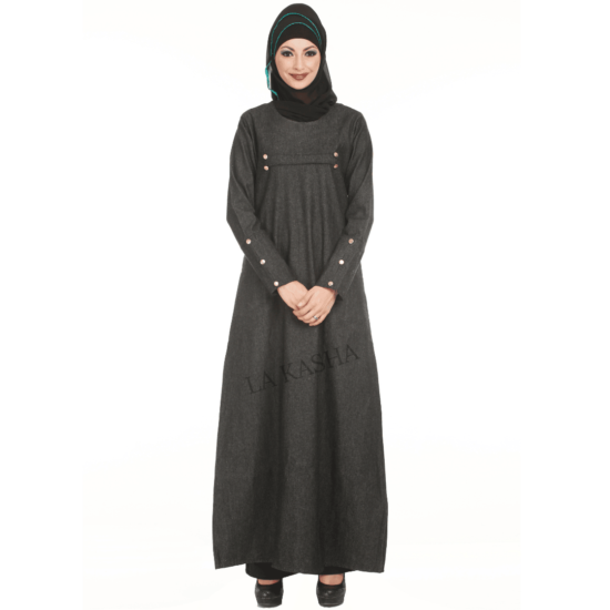 Abaya in stretchable denim with gold buttons on chest details and pockets