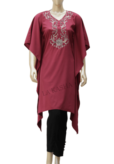 Poly Georgette embroidered neck asymmetrical bottom Kaftan Tunic