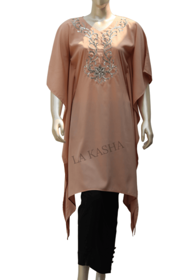 Poly Georgette embroidered neck asymmetrical bottom Kaftan Tunic