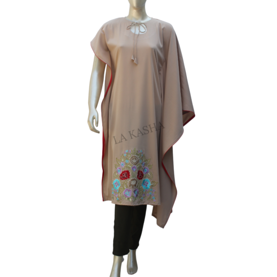 Kaftan tunic with vivid embroidery in poly crepe