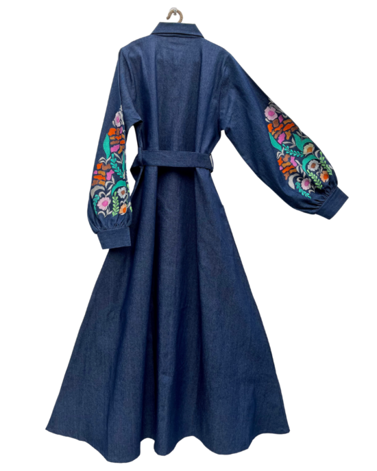 Abaya long jacket for woman in denim with embroidery front open and side pockets