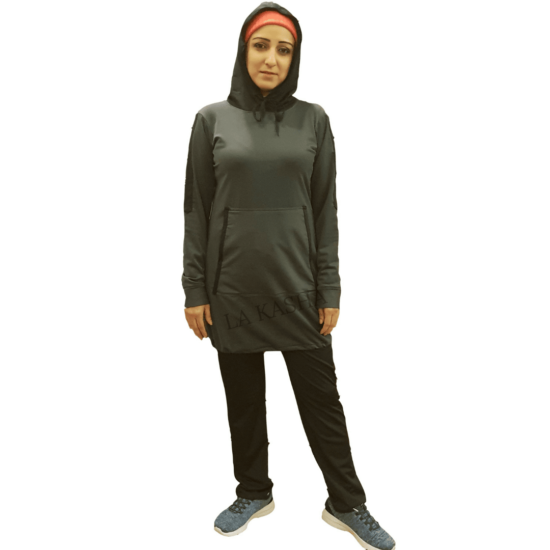 Modest track suit with hood and pouch pocket with all round elastic waist pants in poly knit