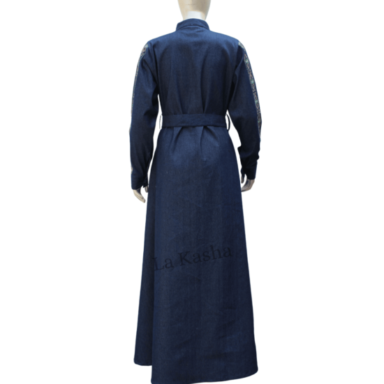 Abaya long jacket for woman in stretchable denim with traditional embroidery and side pockets