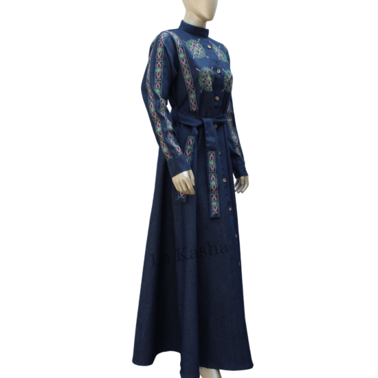 Abaya long jacket for woman in stretchable denim with traditional embroidery and side pockets