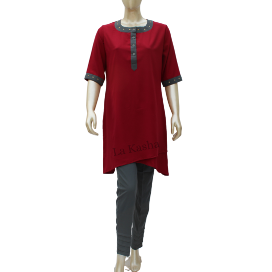 Tunic Kurti with a cross bottom highlight and contrast tape in Poly Crepe