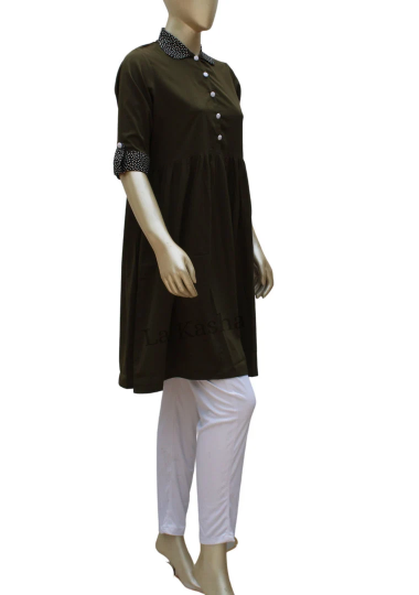 Tunic Kurti gathered front contrast polka dot collar cuff detail in Poly Crepe
