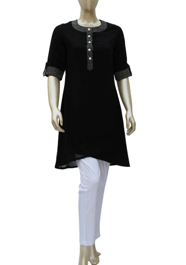 Tunic Kurti with a cross bottom highlight and contrast polka dot tape in Poly georgette