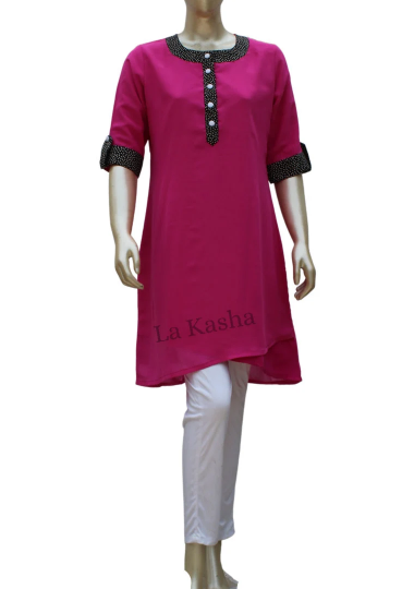 Tunic Kurti with a cross bottom highlight and contrast polka dot tape in Poly georgette