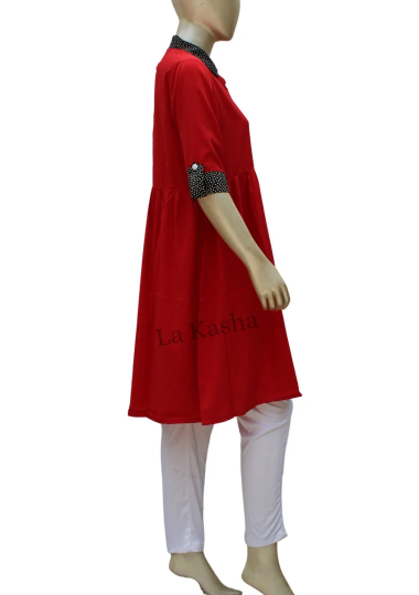 Tunic Kurti gathered front contrast polka dot collar cuff detail in Poly Crepe