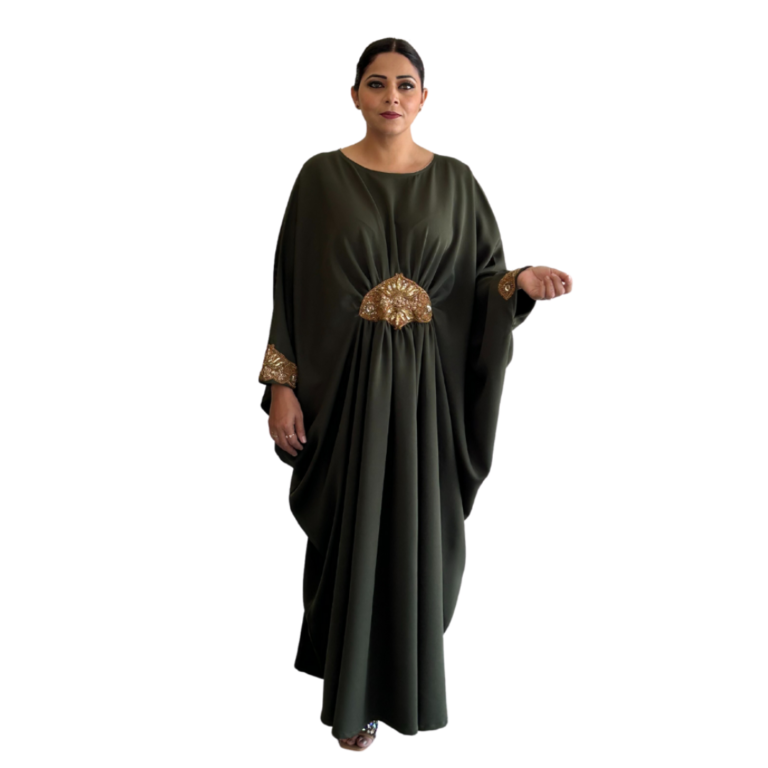 Abaya in poly crepe, layered with contrast raw silk boarder.