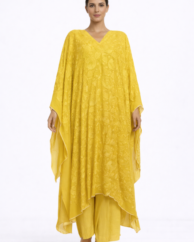 Women's Lemon Yellow Georgette Chikankari Semi-stitched Set