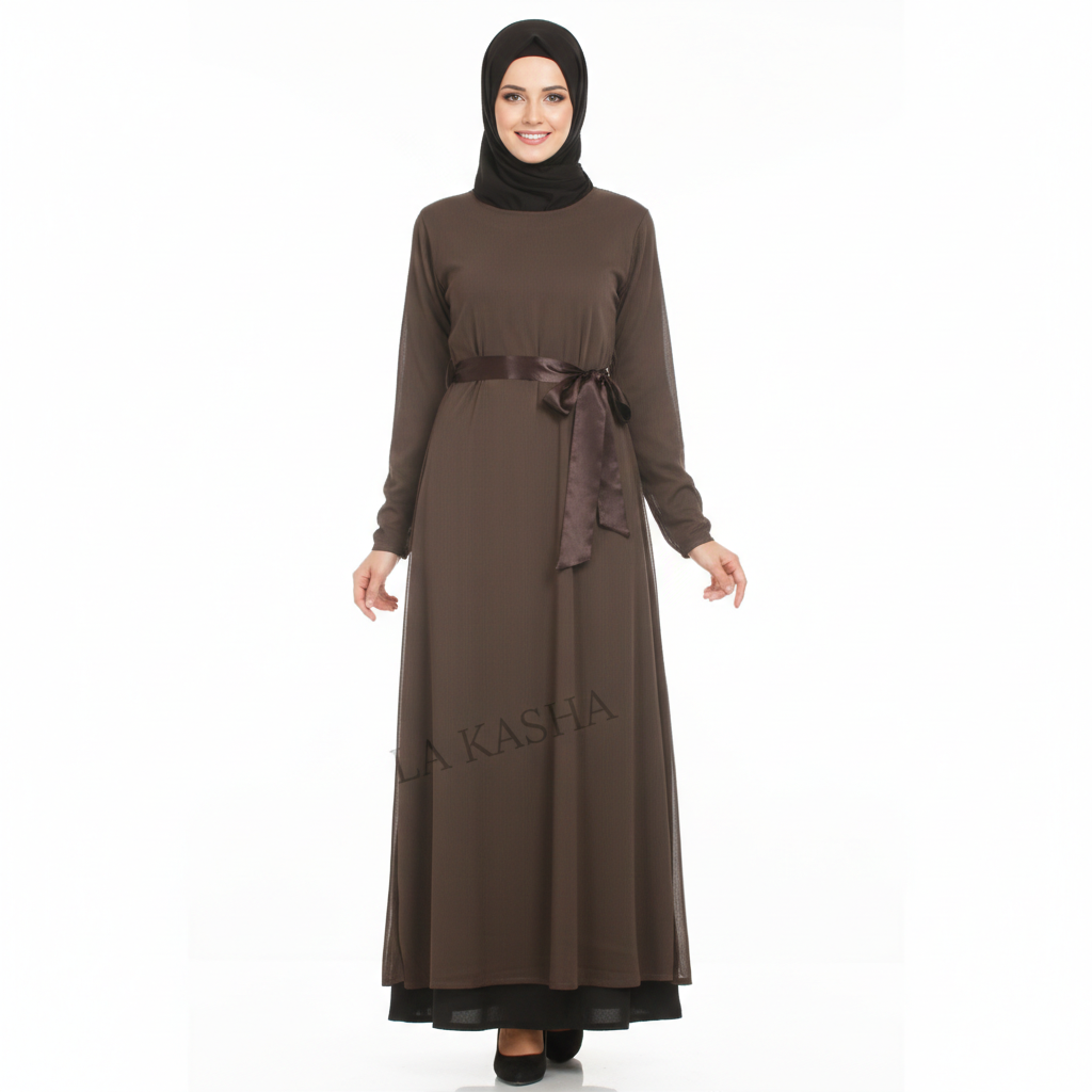 Double-Layered Chiffon Abaya for Women – Satin Waist Tie