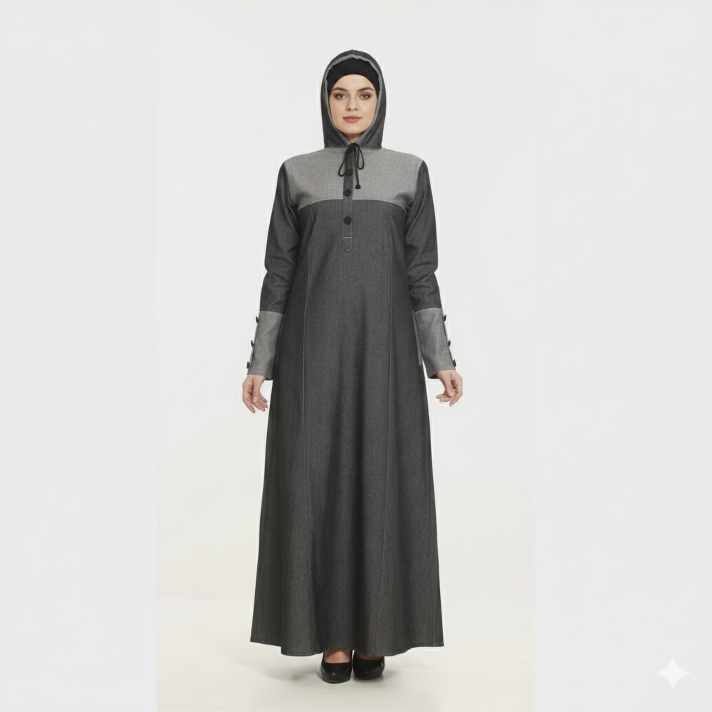 Hooded unwashed Denim Modest Abaya Dress | Sustainable style