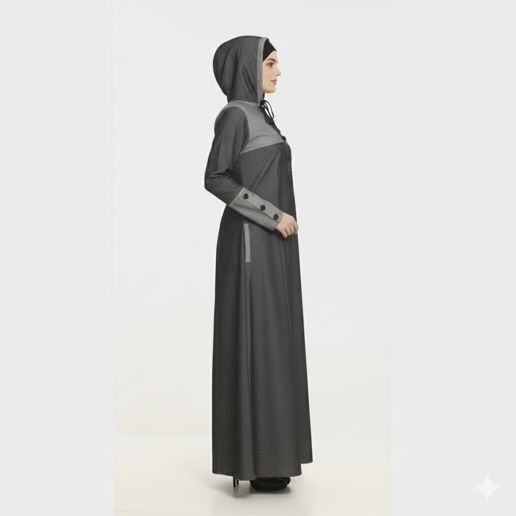 Hooded unwashed Denim Modest Abaya Dress | Sustainable style - Image 2