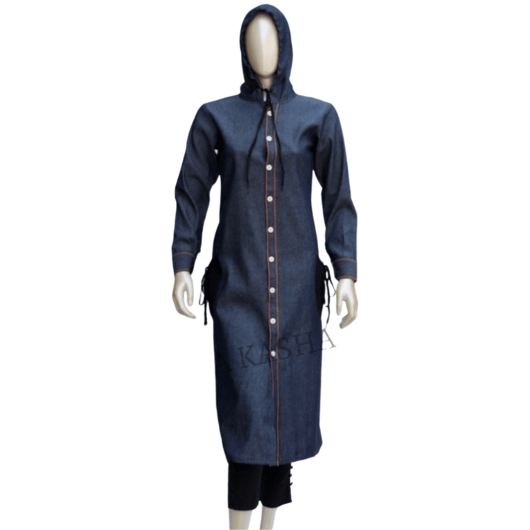 Denim is timeless, and this lightweight, stretchable denim jacket abaya for women exemplifies that. Featuring a Chinese collar, top stitching details, a front-opening placket with gold metallic buttons, and functional patch pockets, it is perfect for various occasions. Whether for work, daily wear, maternity, nursing, active lifestyle, travel, or evening outings, this abaya meets all your needs.
