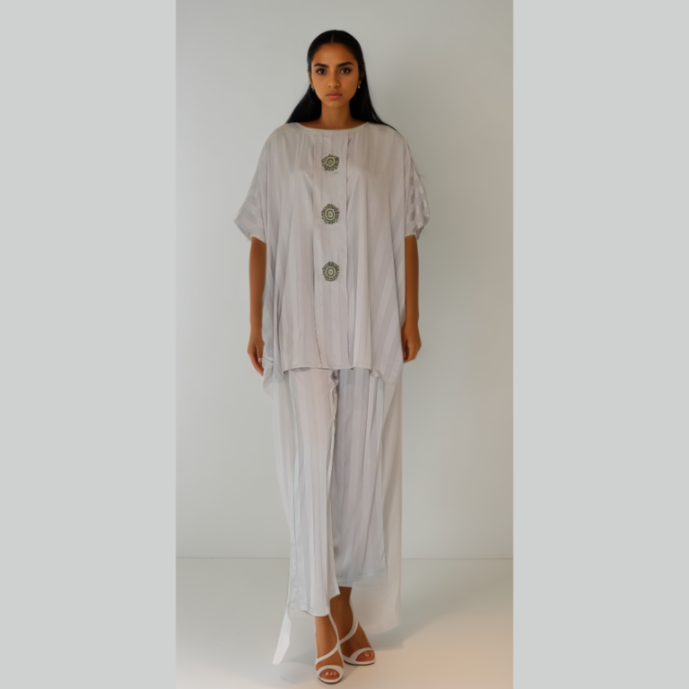 Beige Satin Striped Kaftan Co-ord Set