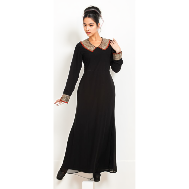 Abaya with an intricate sequin enriched hand worked collar and cuff, A line fit in georgette