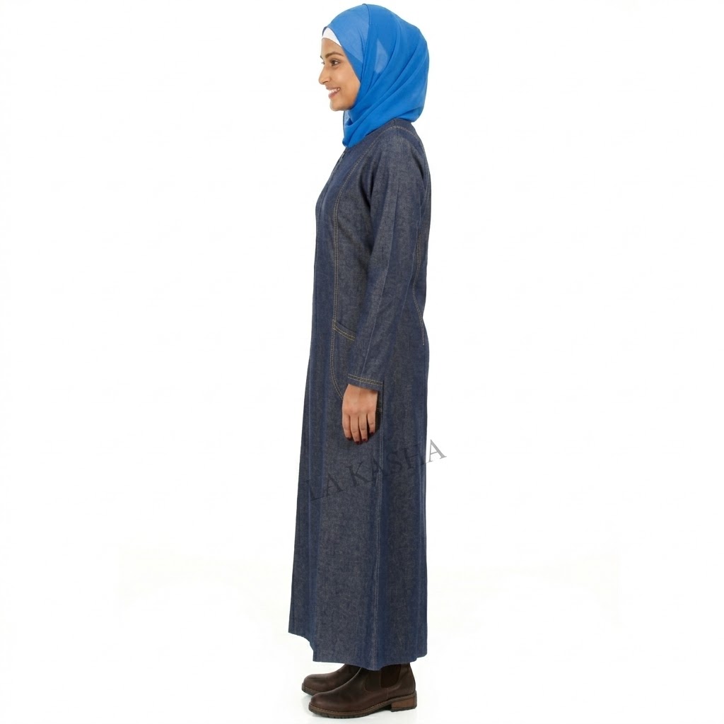 Sustainable Modesty: Unwashed Denim Long Abaya with pocket. - Image 2