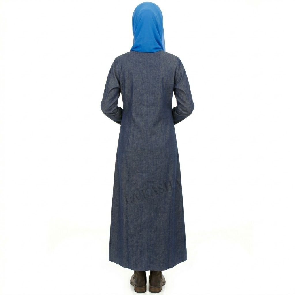 Sustainable Modesty: Unwashed Denim Long Abaya with pocket. - Image 3