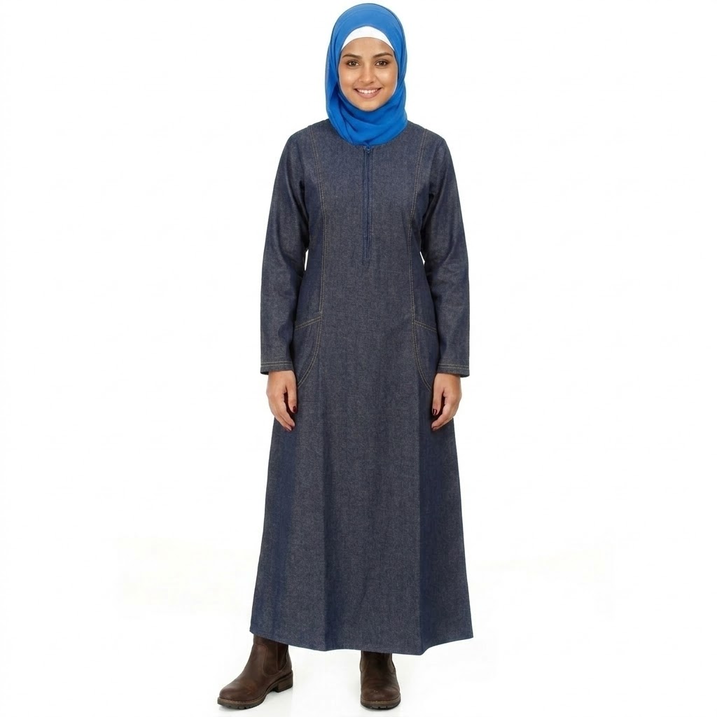 Sustainable Modesty: Unwashed Denim Long Abaya with pocket.