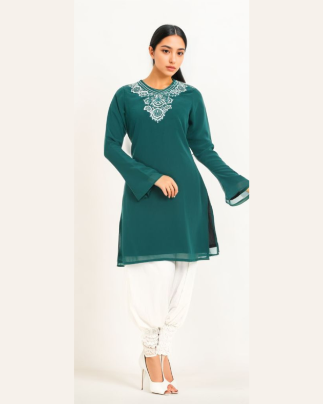 Georgette Kurti & Scrunched Salwar Set with Handcrafted Embroidery