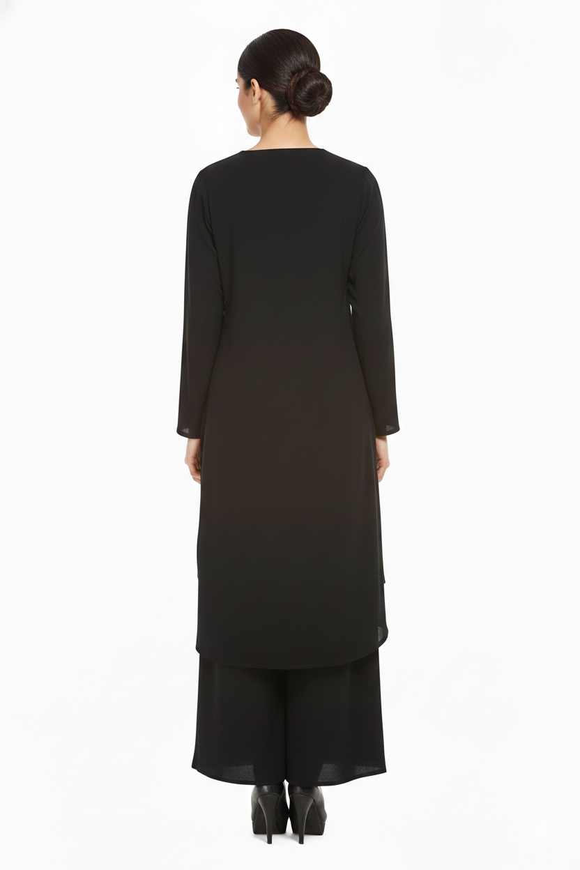 Black Poly Crepe Tunic with Embroidered Neckline & Pants - Image 3