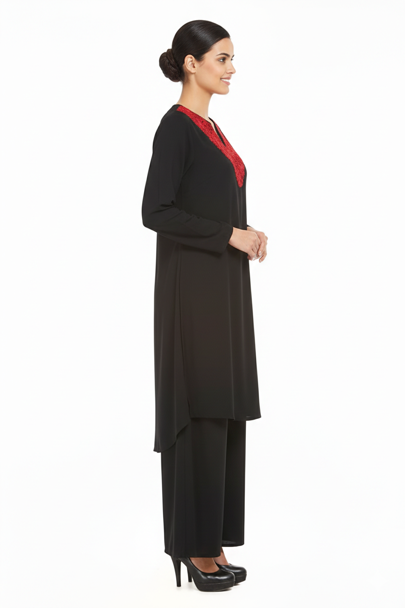 Black Poly Crepe Tunic with Embroidered Neckline & Pants - Image 2